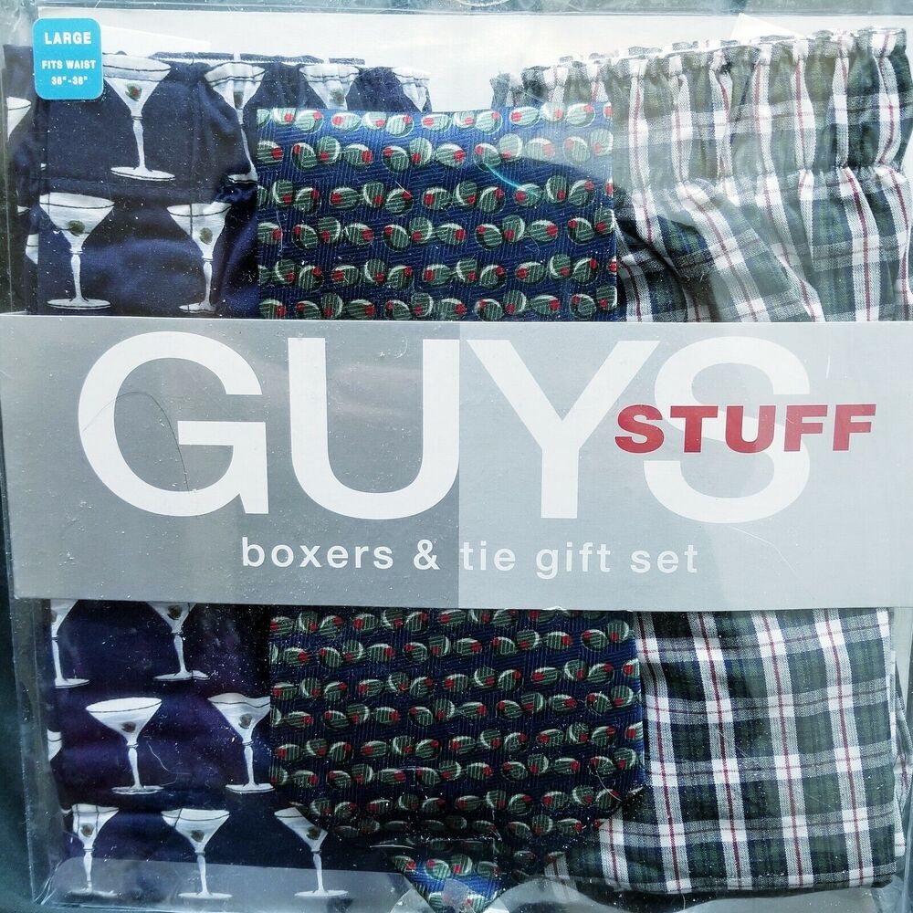 Guys Stuff Boxers Silk Tie Gift Set Blue Martini Green Plaid Teal Olives L NEW